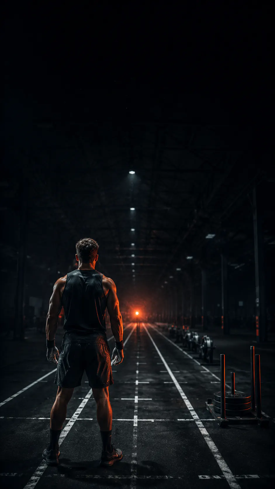 Športovec pred tréningovou dráhou pre fitness preteky v tmavej telocvični